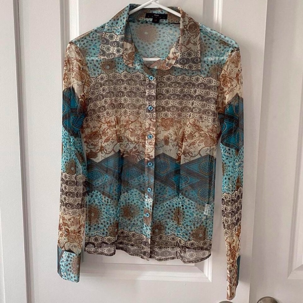 Y2K Sheer Blue Floral Blouse (S)